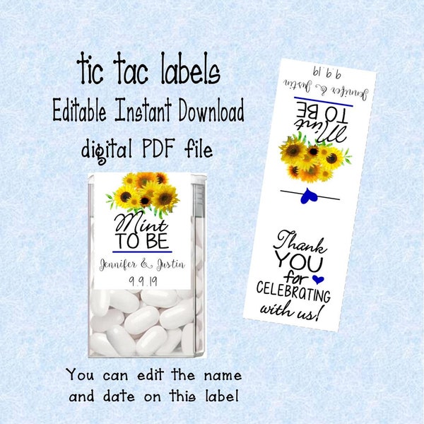 Sunflower Tic tac labels, Mint to be - Wedding- do it yourself - Instant download - you edit - you print, digital Pdf file) DIY # TIC789143