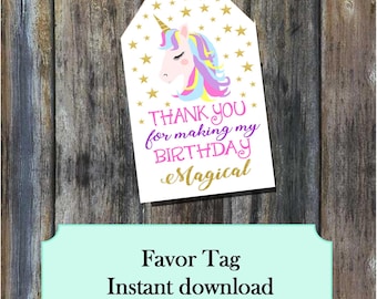 Unicorn Birthday thank you favor, tag 3"x 2" Instant download Printable - faux gold, tag BT200562  DIY (1- PDF files)