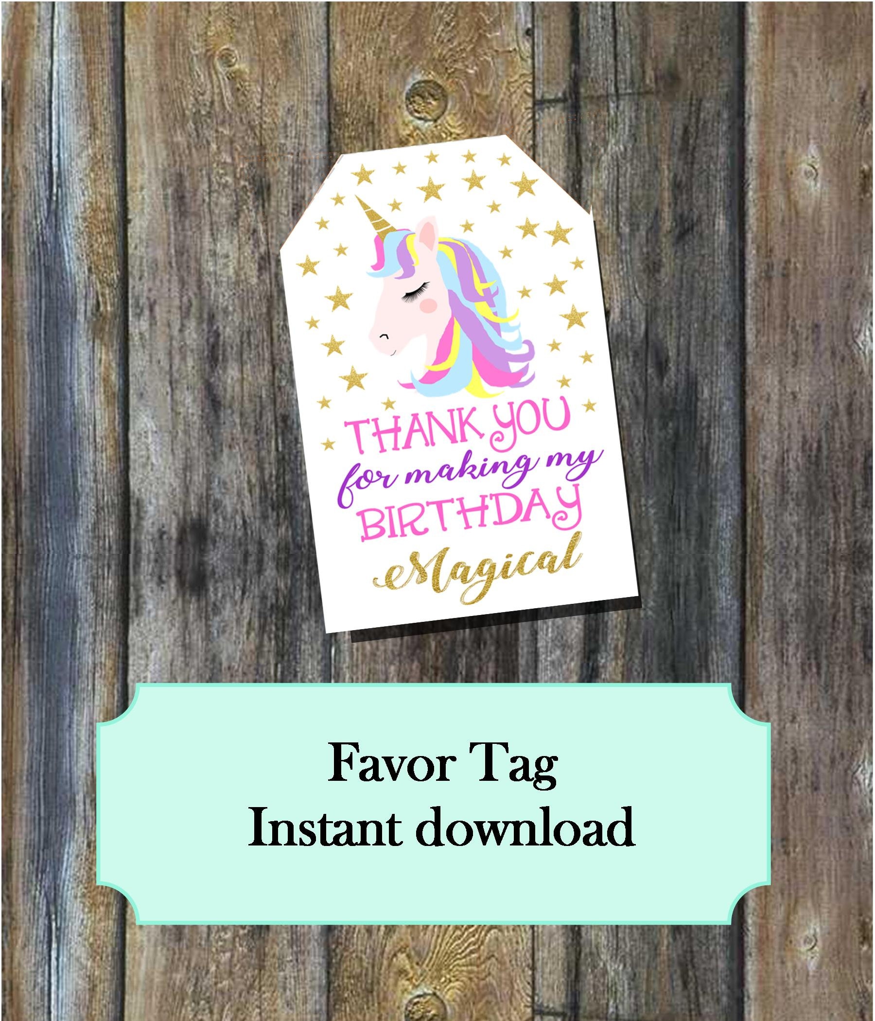 Unicorn Birthday Thank You Favor, Tag 3"x 2" Instant Download Printable ...