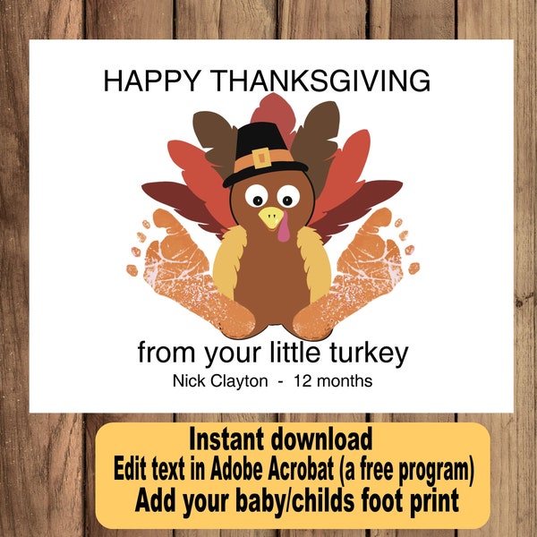 Happy Thanksgiving from your little turkey footprint art, do it yourself - Instant download - you edit -you print,  digital Pdf file #hf501