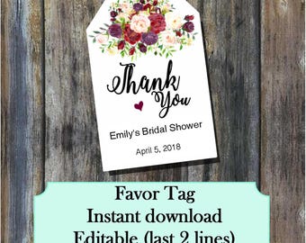 Bridal Shower, Favor tag, thank you, 3" x 2" - Editable Instant download Printable -  bt200560  DIY (1- PDF file) any occasion, wedding