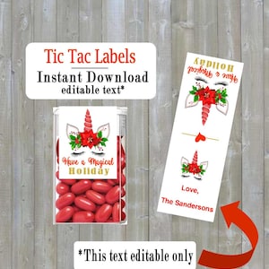 Christmas Unicorn Tic tac labels, Holiday favor, Christmas Favor, DIY - Instant download - you edit -you print, digital Pdf file #TIC789134