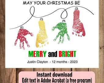 Christmas Merry and Bright footprint handprint art, do it yourself - Instant download - you edit -you print,  digital Pdf file #hf506