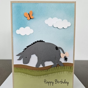 Handmade Birthday Card, Winnie The Pooh Inspired Greeting Card, 3D Eeyore Die-Cut Design, Layered Card with Embossed Grass & Clouds