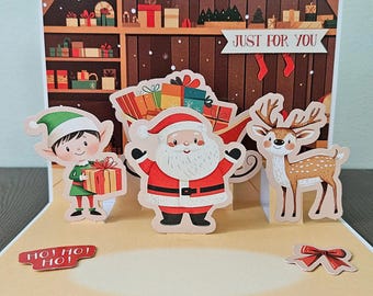 Pop-Up Christmas Card, Handmade 3D Santa's Workshop, Elves Reindeer, Xmas Holiday Greeting