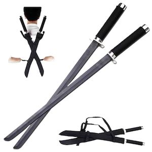 Conjunto de 2 espadas ninja com bainha e cinto HK-1456 Decoração de casa para Halloween como arte de parede e para fantasia de cosplay