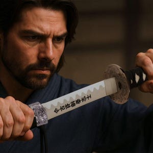 May include: A close-up of a katana sword with a white blade and black handle. The blade has a serrated edge and Japanese characters. The sword is held by a person wearing a blue garment.