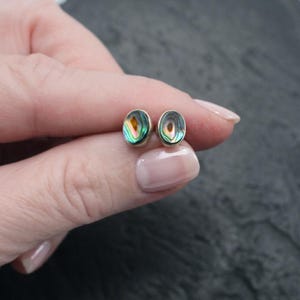 May include: A pair of small oval stud earrings featuring iridescent abalone shell inlays set in polished silver-toned metal. The shells display swirling patterns of green, blue, and purple hues, creating a vibrant, reflective surface on each earring.