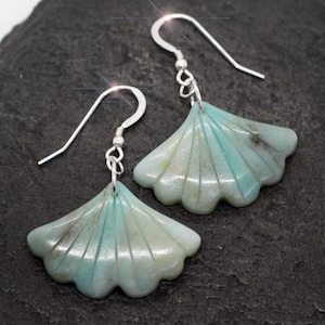 Ginko Leaves - Beautiful Natural Carved Chrysocolla Sterling Silver Earrings