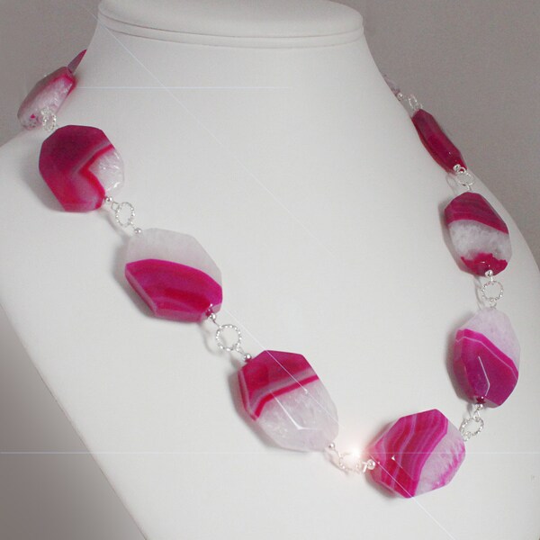 Fuschia Fantasy - Hot Pink Chunky Faceted Banded Agate and Sterling Silver Necklace