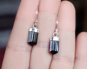 Midnight on Earth -  Natural Black Tourmaline Crystal Sterling Silver Earrings