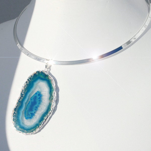 Crystal Fantasy - Crystal Geode Drusy Agate Slice Silver Choker Necklace