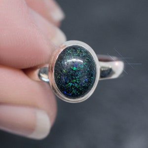 Ebony Rainbow - Black Andamooka Opal Sterling Silver Ring Size 7