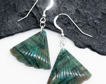 Ginko Leaves - Beautiful Natural Carved Chrysocolla Sterling Silver Earrings