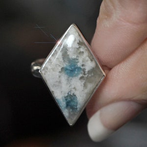 The Surf - Rare Blue Tourmaline Crystals in Quartz and Feldspar Sterling Silver Ring Size 9.5.