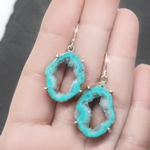 Mediterranean Crystal  - Teal Blue Druzy Crystal Mini Geode Sterling Silver Earrings