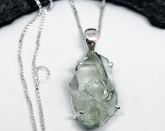 Green Tea - Green Amethyst Rough Sterling Silver Necklace