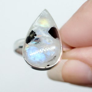 Over the Rainbow - Rainbow Moonstone and Tourmaline Sterling Silver Ring - Size 10.5