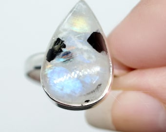 Over the Rainbow - Rainbow Moonstone and Tourmaline Sterling Silver Ring - Size 10.5