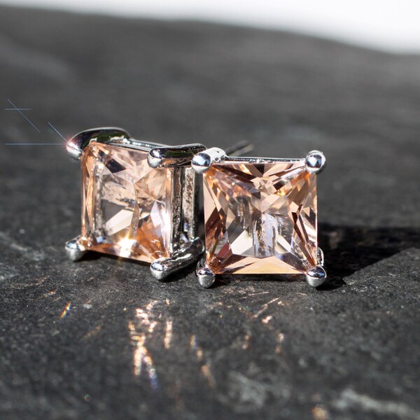 Just Peachy -  Morganite Princess Cut Sterling Silver Stud Earrings