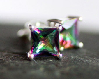 The Rainbow's End - Princess Cut  Mystic Topaz Drop Sterling Silver Earrings