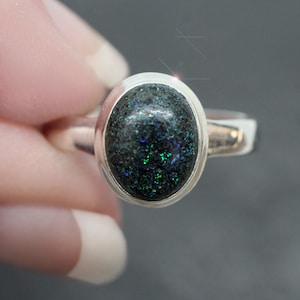 Ebony Rainbow - Black Andamooka Opal Sterling Silver Ring Size 6