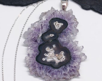 Crystal Cave - Crystal Amethyst Triple Stalactite Drusy Slice Sterling Silver Necklace
