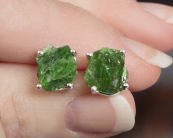Verdegris - Genuine Natural Emerald Rough Sterling Silver Earrings