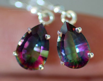 The Rainbow&#39;s End - Faceted Mystic Topaz Drop Sterling Silver Earrings
