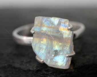 Over the Rainbow - Rainbow Moonstone and Tourmaline Sterling Silver Ring - Size 8.5