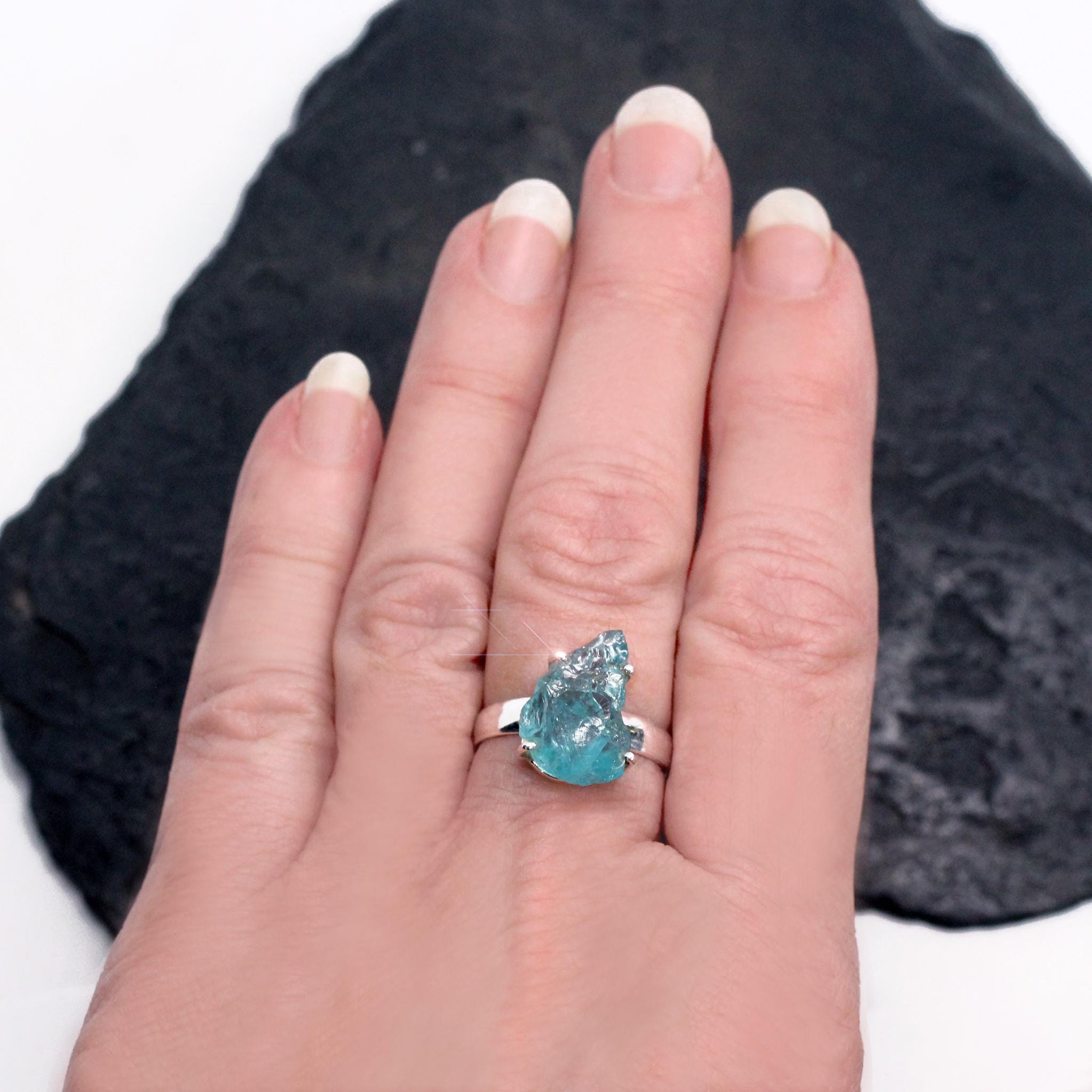 ネオンブルー - アパタイト スターリングシルバー リング サイズ 8.5