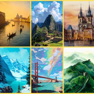 May include: A collage of six landscape paintings. The images depict Venice with gondolas, Machu Picchu, a European city with a church, a mountain lake, the Golden Gate Bridge, and the Great Wall of China.