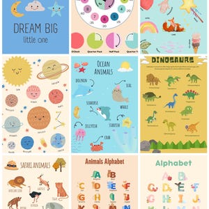 Kinder Lernposter Bundle Digitaler Download | 9 Lerndrucke | PNG & JPG | Dream Big, Alphabet, Tiere, Zeit, Planeten und Mehr