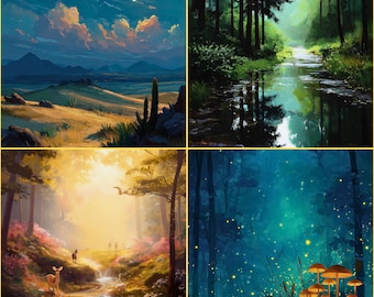 Nature Wall Art Set of 8 | Serene Forests, Garden, Rain, Moonlight, Healing Tree, Desert, Flowers | Calming Digital PNG Prints