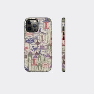 Cream Retro Travel Stamp Tough Phone Case for Travelers, Vintage Wanderlust Design, Durable Adventure Gift, iPhone 16 15 14 13 12 11 Samsung