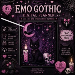 Może przedstawiać: Cyfrowy planer w stylu Emo Gothic. Obraz przedstawia czarnego kota, czaszkę i księżyc z nietoperzem, wszystko w ciemnofioletowej i różowej kolorystyce. Tekst zawiera "Digital Planner" i "All-in-one Hyperlinked Planner."