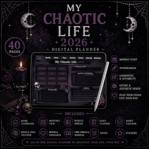 Può includere: Planner digitale con estetica gotica. Il design viola scuro presenta il testo "My Chaotic Life 2026" e include sezioni per note, obiettivi e una lista di cose da fare. Il planner include adesivi ed è ipertestuale.