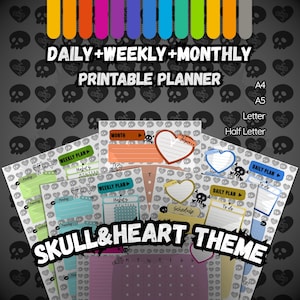 Skull Planner Printable Bundle | Daily Weekly Monthly Planner | A4 A5 US Letter | Dark Emo Aesthetic | 13 Colors Scene Queen Stationery