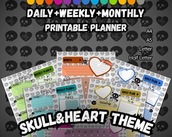 Skull Planner Printable Bundle | Daily Weekly Monthly Planner | A4 A5 US Letter | Dark Emo Aesthetic | 13 Colors Scene Queen Stationery