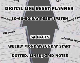Digital Life Reset Planner | 30–60–90 Day Reset System | 54 Pages | Weekly Planner Monday-Sunday Start | Dotted, Lined, Grid Notes | PDF