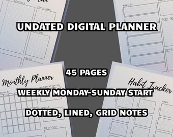 Undated Digital Planner | 45 Pages | Weekly Planner Monday & Sunday Start | Dotted, Lined, Grid Notes | Minimalist Planner PDF
