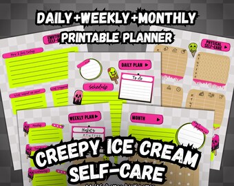 Creepy Cute Ice Cream Self-Care Printable Digital Planner (A4, A5, Half Letter, US Letter) Emo Alternative Planner PDF