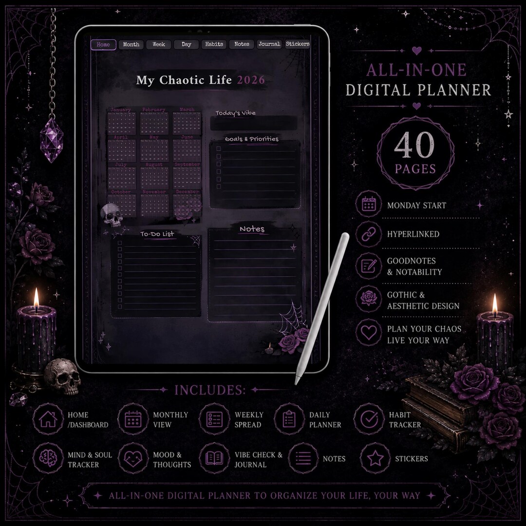 Dark Gothic Digital Planner My Chaotic Life 2026 Goodnotes Notability ...