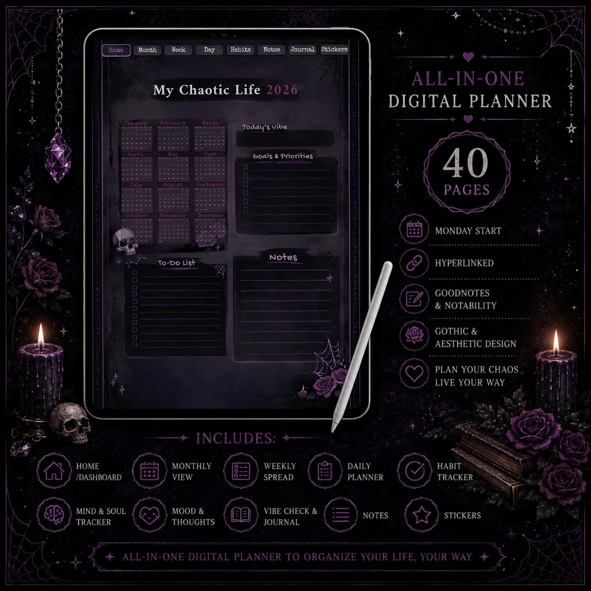 Dark Gothic Digital Planner My Chaotic Life 2026 Goodnotes Notability ...