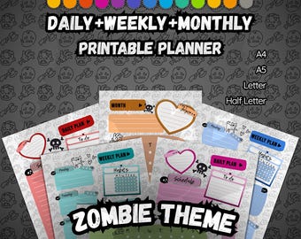 Zombie Cute Emo Planner, Horror Aesthetic, 13 Colors, Grunge Organization, Daily Weekly Monthly, Undead Stationery, Digital PDF Undated