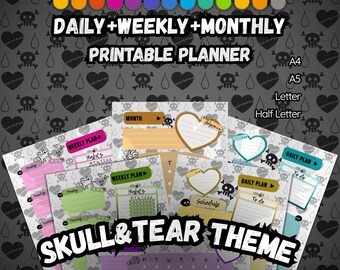 Skull and Teardrop Planner | Melancholy Art | 13 Colors | Sad Girl Aesthetic | Daily Weekly Monthly | Tattoo Inspired