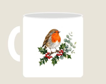 Weihnachtsbecher mit Rotkehlchenmotiv, Kaffeebecher mit Aquarell-Rotkehlchenmotiv, Winterbecher mit Vogelmotiv, Geschenk für Vogelliebhaber, Weihnachtsgeschenk für Gartenliebhaber, Naturbecher