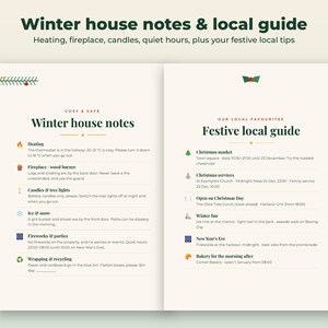 May include: A two-page informational guide titled Winter house notes & local guide. The left side details heating, fireplace, candles, ice, fireworks, and recycling rules. The right side lists festive local tips including markets and services.