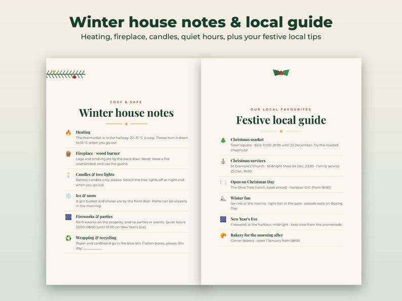 May include: A two-page informational guide titled Winter house notes & local guide. The left side details heating, fireplace, candles, ice, fireworks, and recycling rules. The right side lists festive local tips including markets and services.