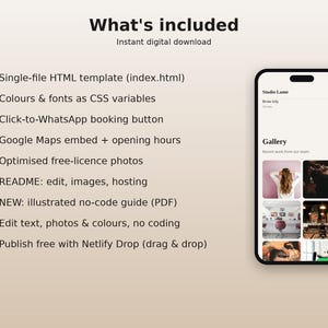 May include: A digital product listing titled What's included, featuring a list of features for an HTML template and a smartphone screen displaying a Studio Lume website interface with a gallery of images and a booking button.